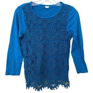 J Crew Blouse Women Medium Teal Blue Green Crochet Lace Front 3/4 Sl Round Neck